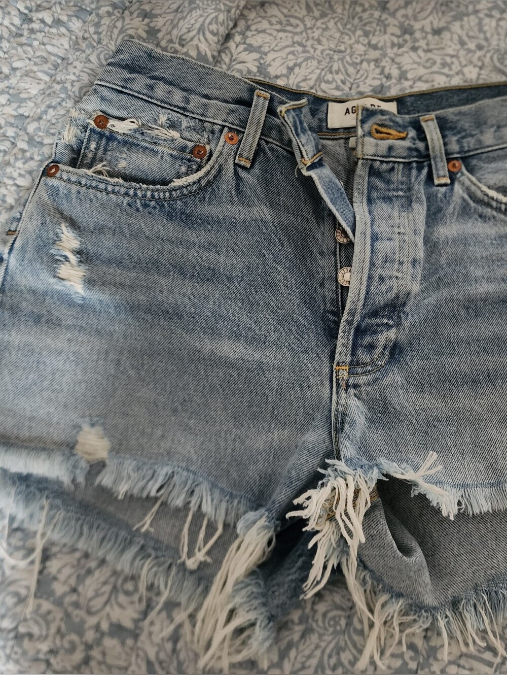 Agolde Parker Light Blue Distressed Frayed Denim Shorts